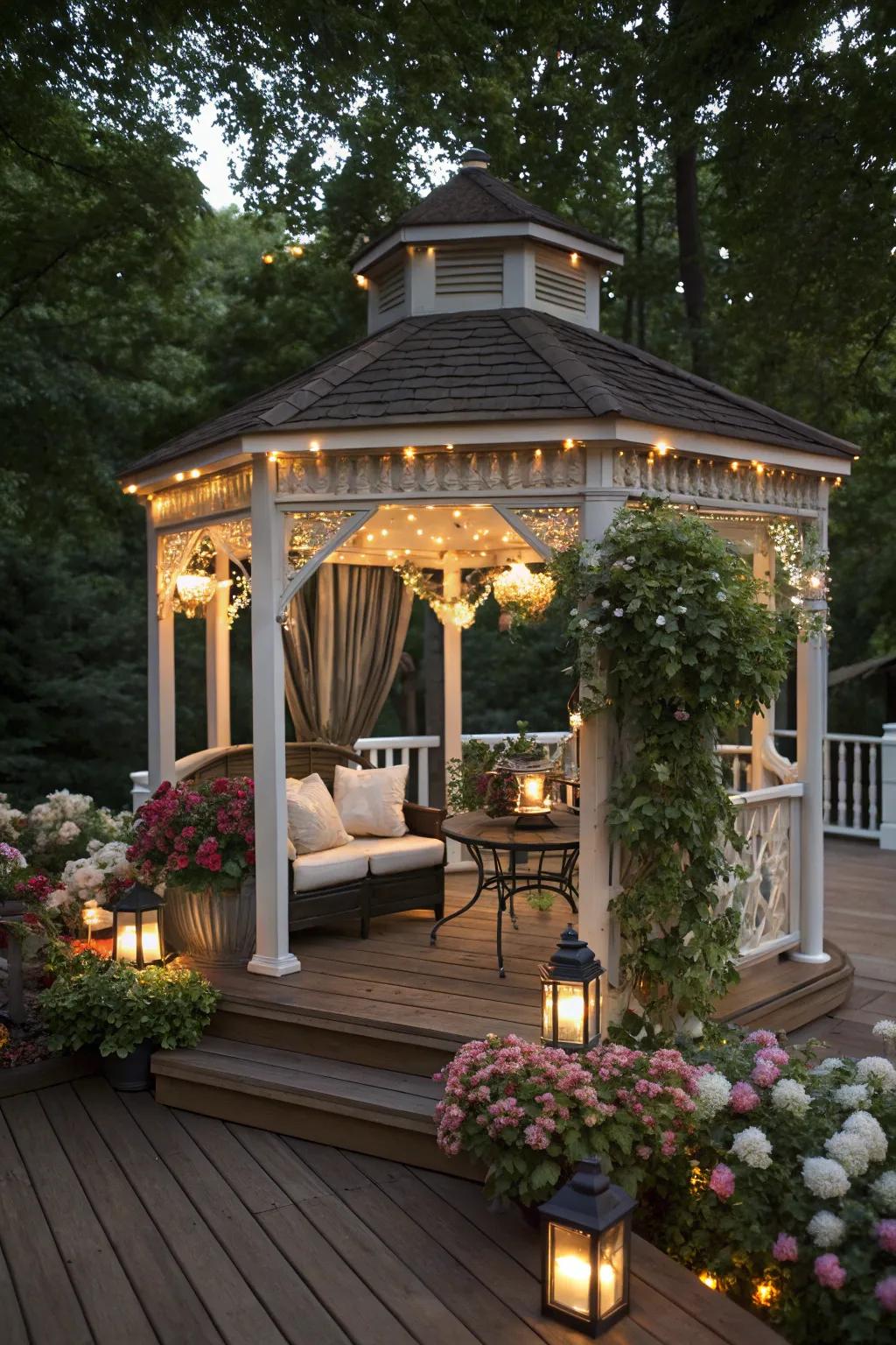 A classic gazebo creates an intimate and charming area on this covered deck.