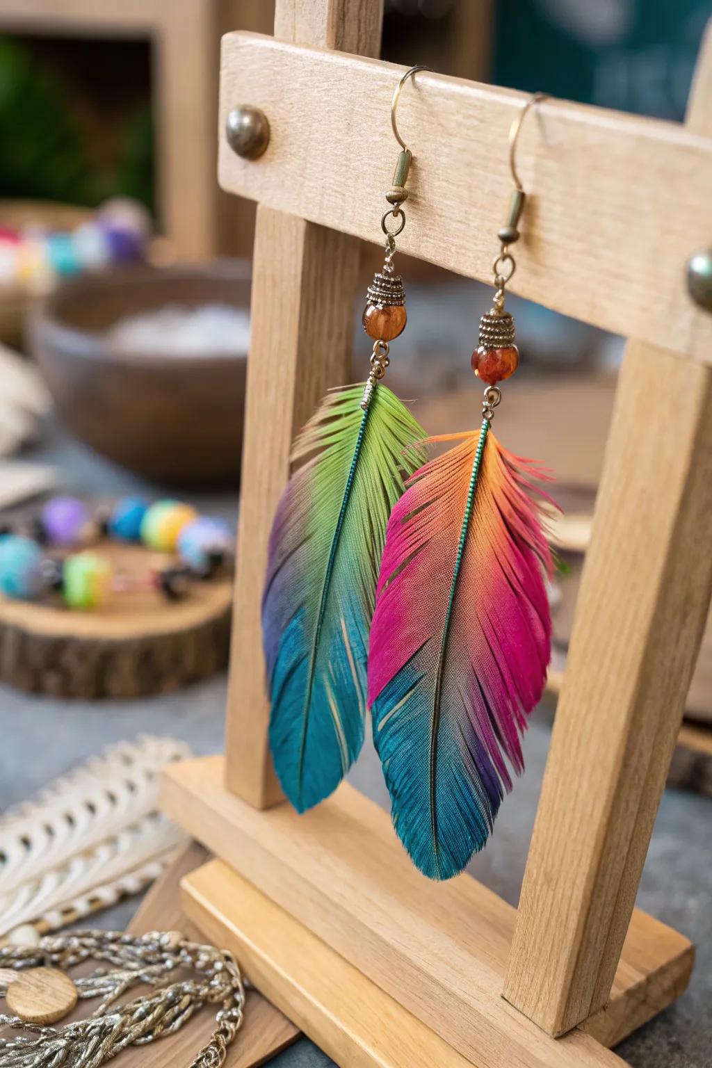 Vibrant feather earrings displayed on a wooden jewelry stand.