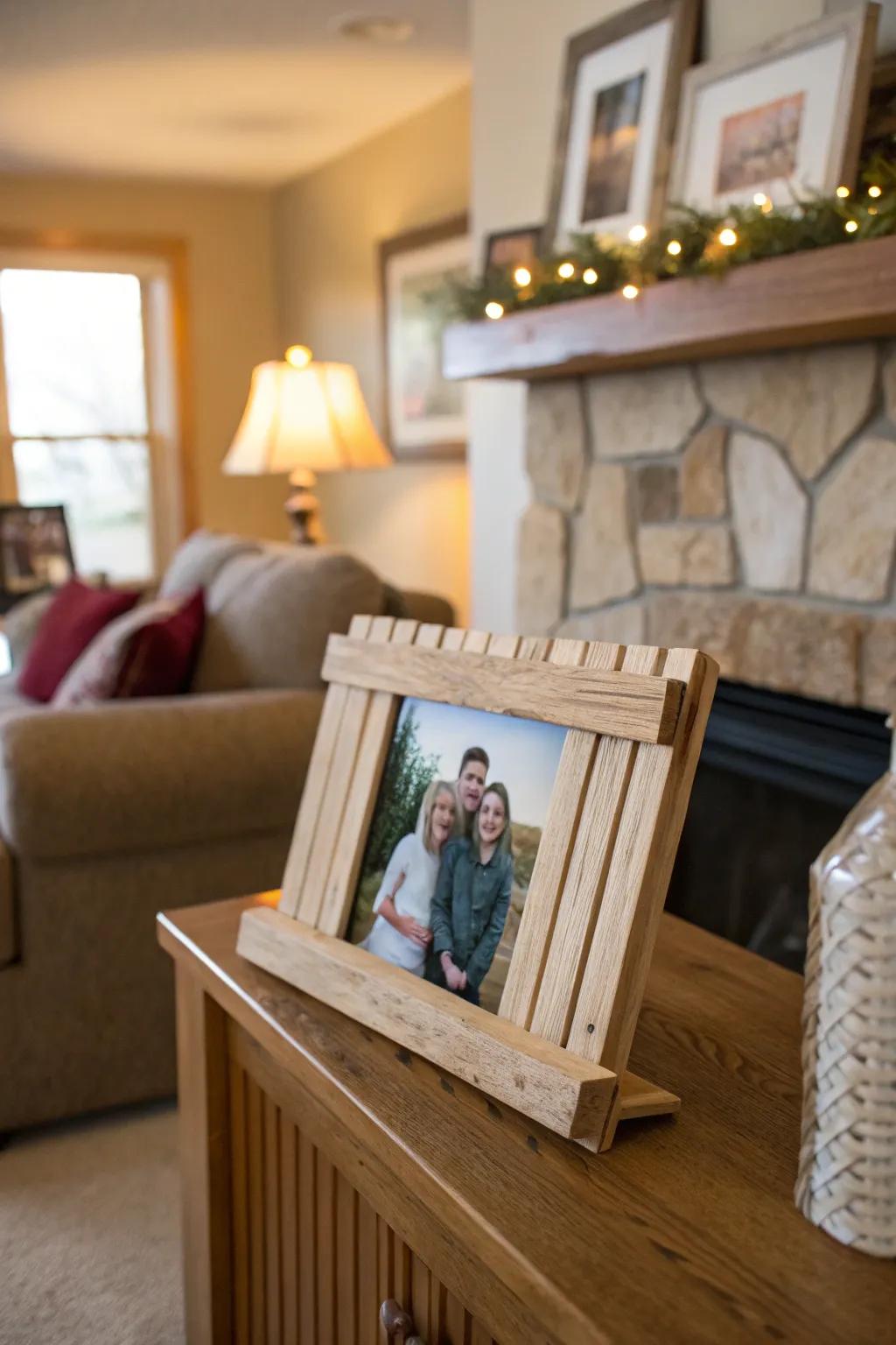 A handcrafted stick frame that adds a personal touch to cherished photos.