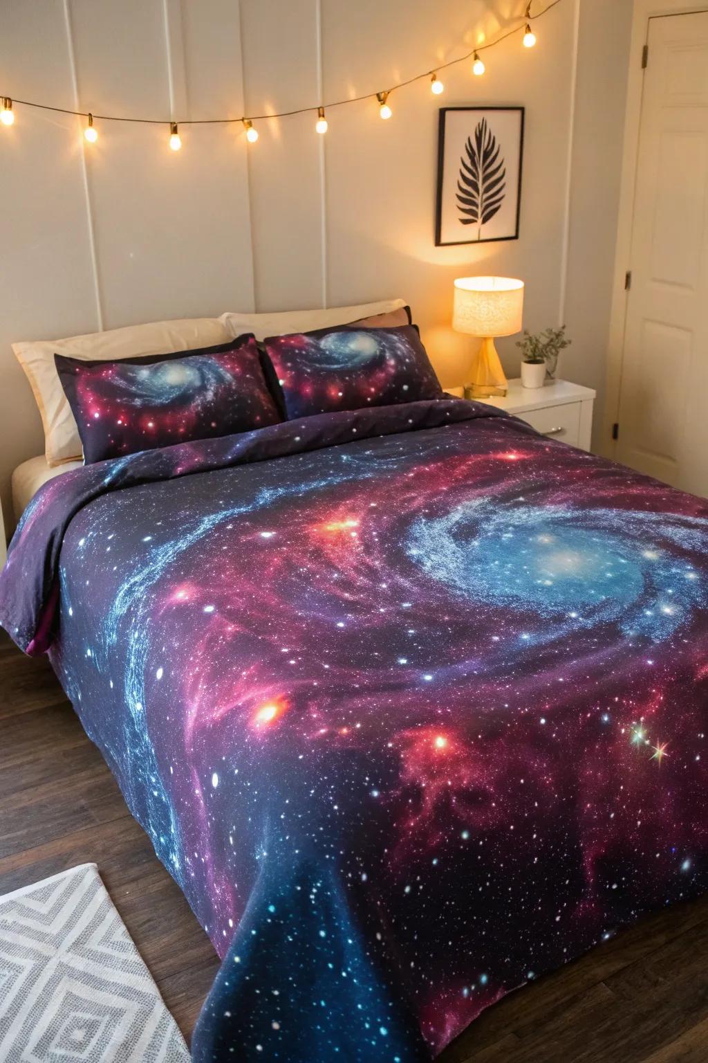 A starry night galaxy print bedspread adds a sense of wonder to the bedroom.