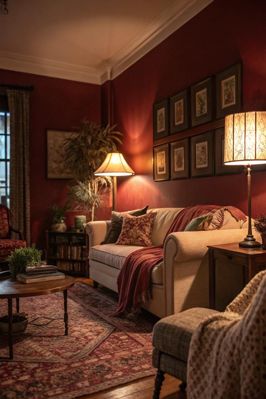 A cozy living room with dark red walls and warm lighting.