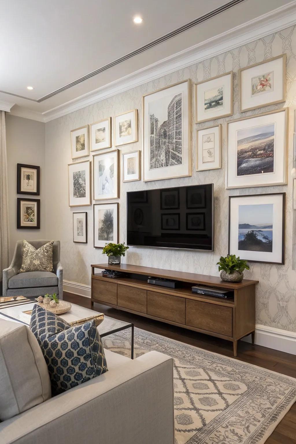 TV with a custom frame, blending into a wall of framed artworks.