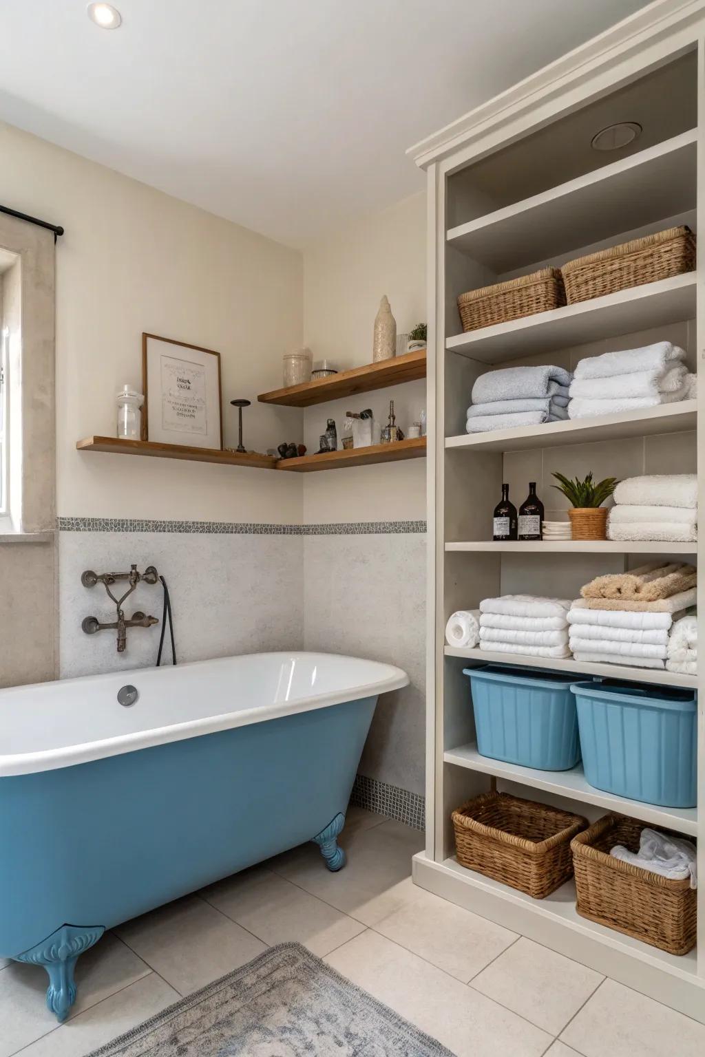 Minimalist shelves keep the bathroom uncluttered and stylish.