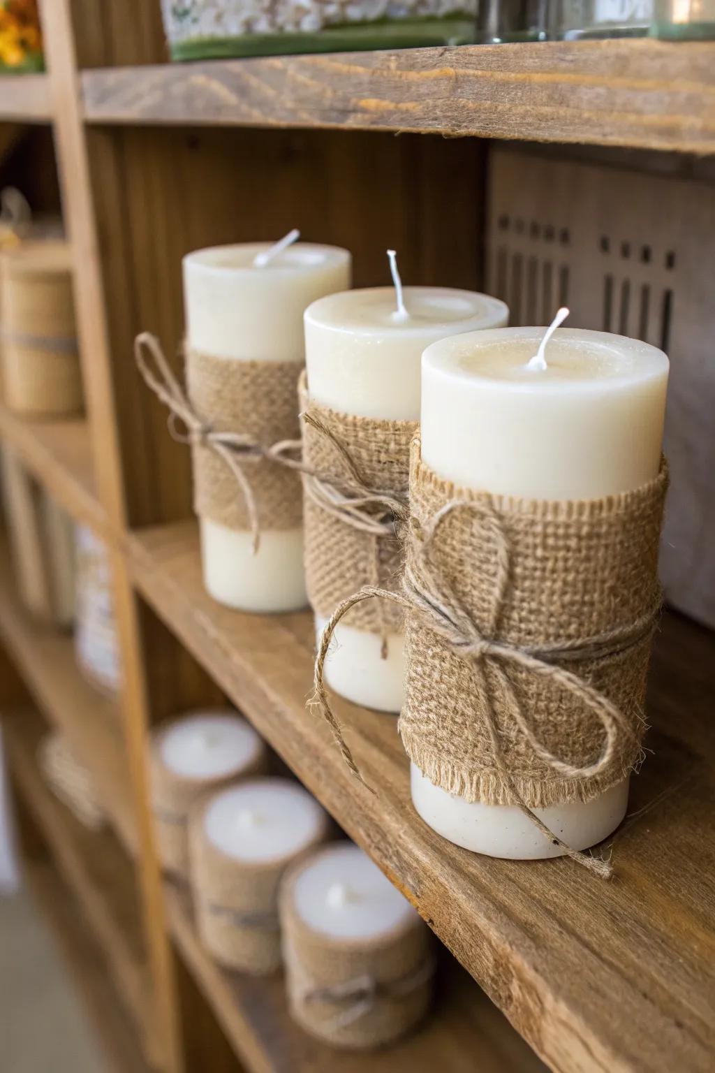 Rustic burlap-wrapped candles adding a homespun feel.