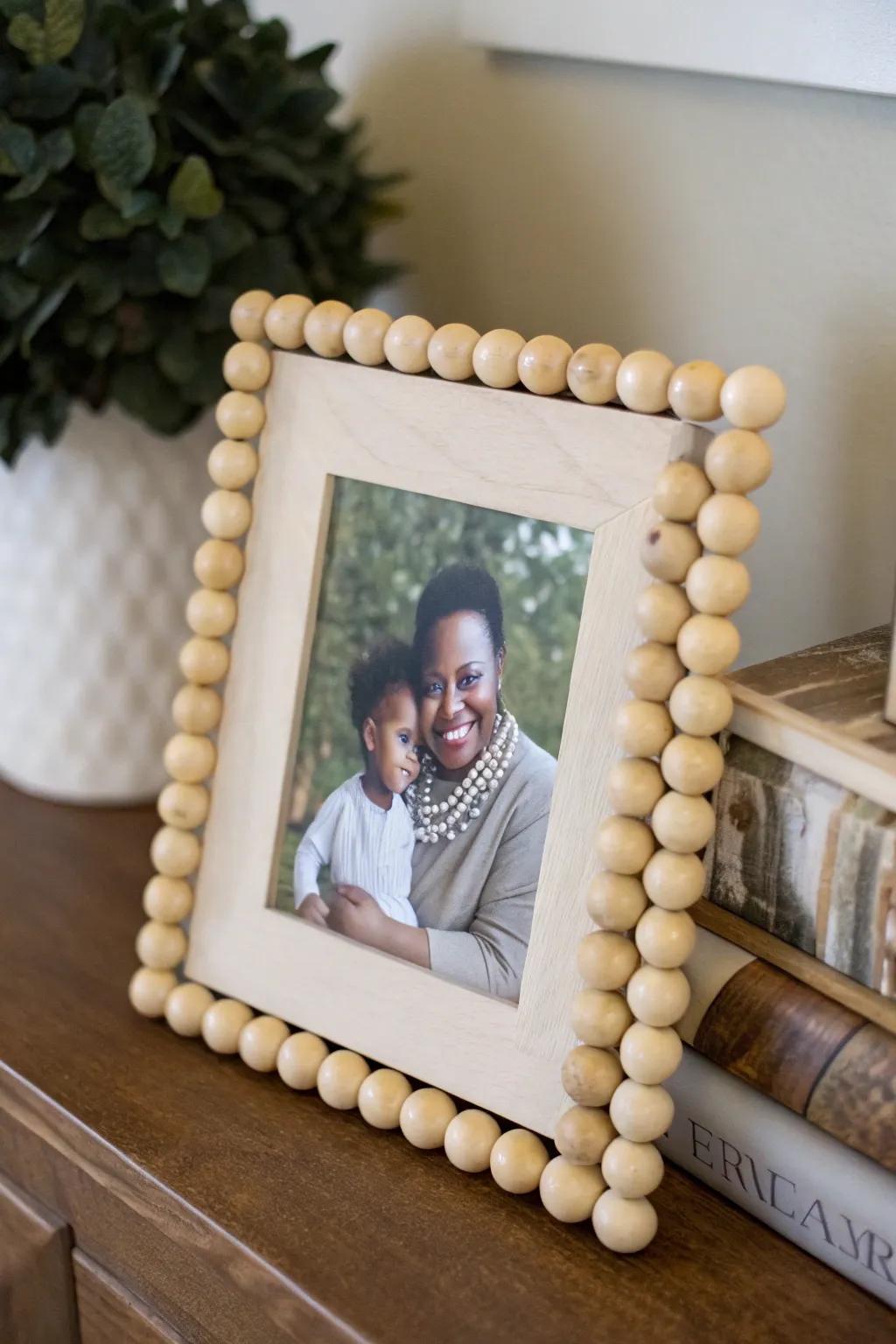 A personalized photo frame enhanced with wooden beads.