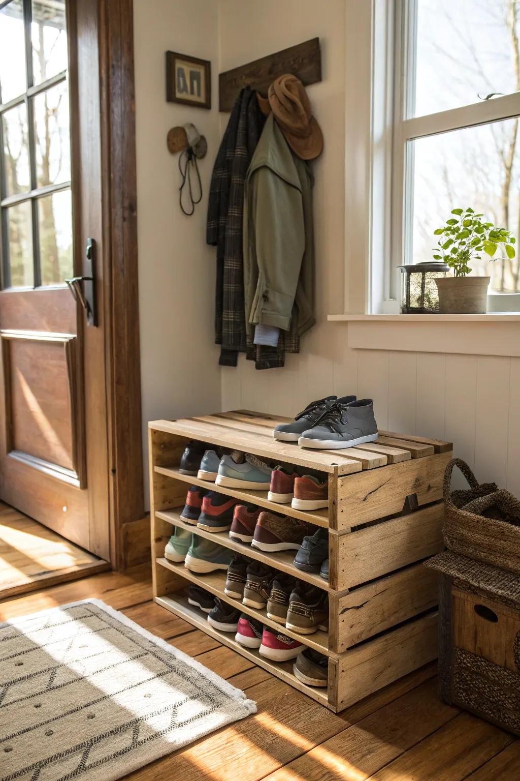 A wooden crate shoe rack keeps entryways organized and tidy.