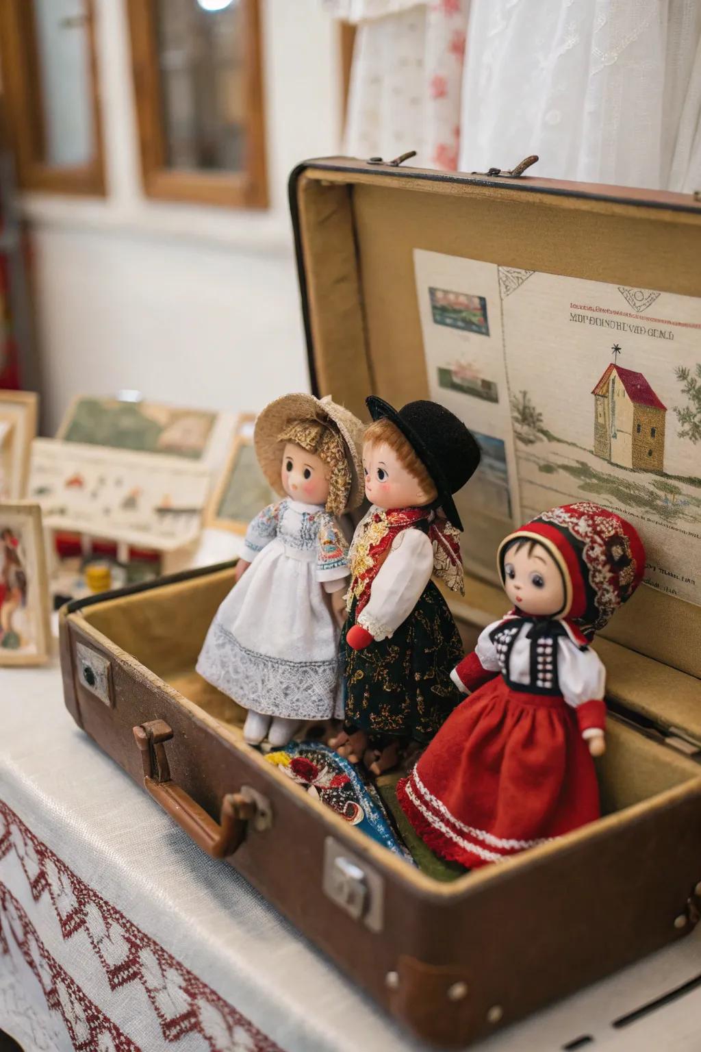 A vintage suitcase creating a unique display for travel-themed dolls.