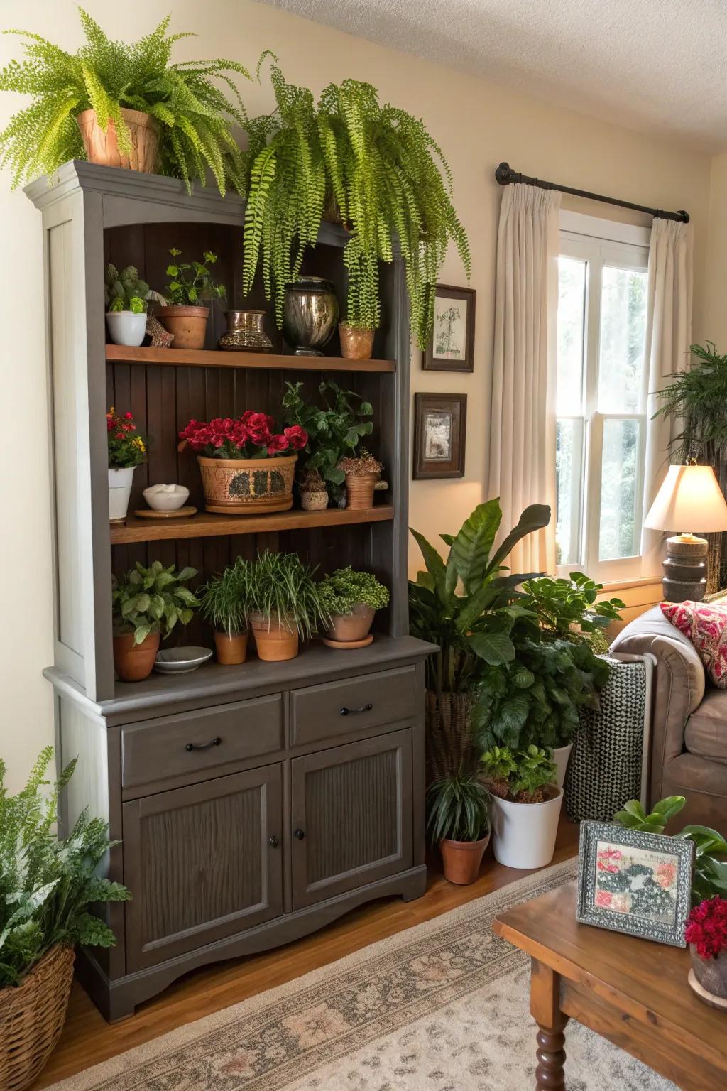 A repurposed hutch transformed into a lush plant display.