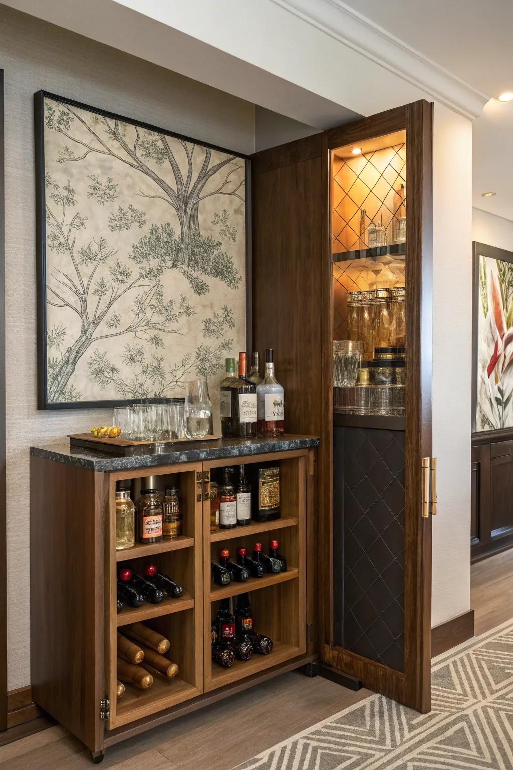 An artwork conceals a secret liquor cabinet, adding intrigue.