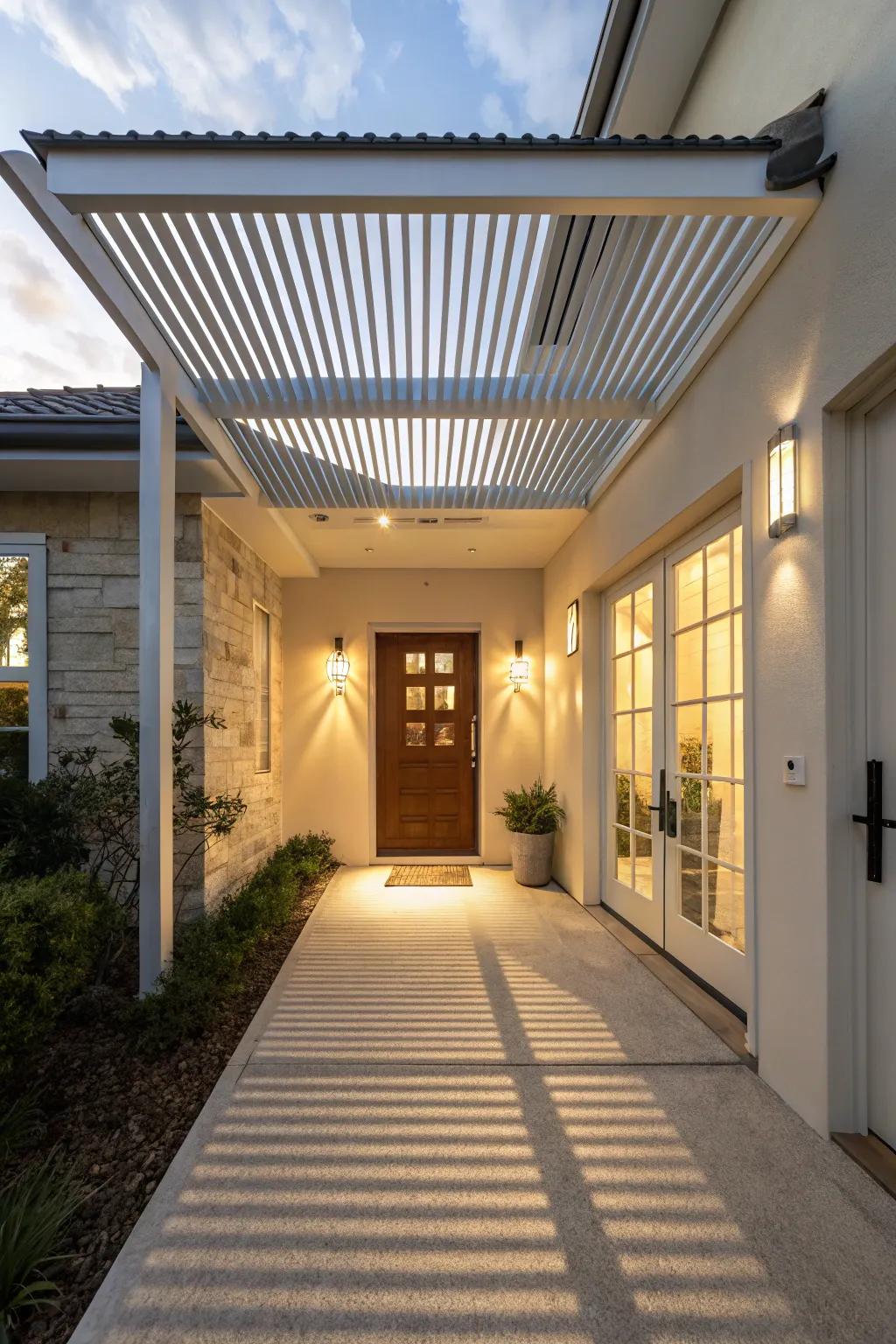 A louvered roof cover offers protection with an adjustable design.