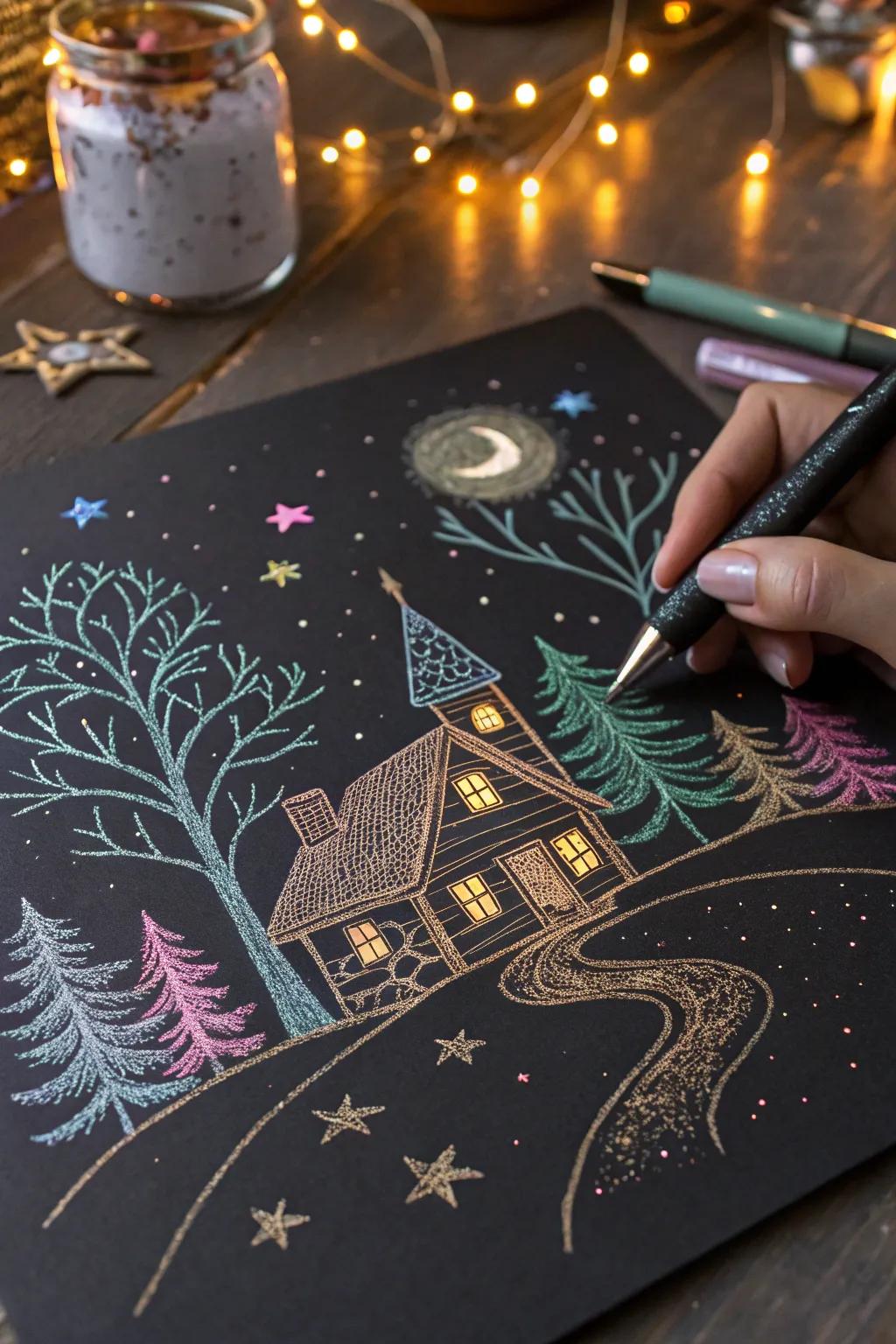 Glitter accents add a magical shimmer to fantasy landscapes.