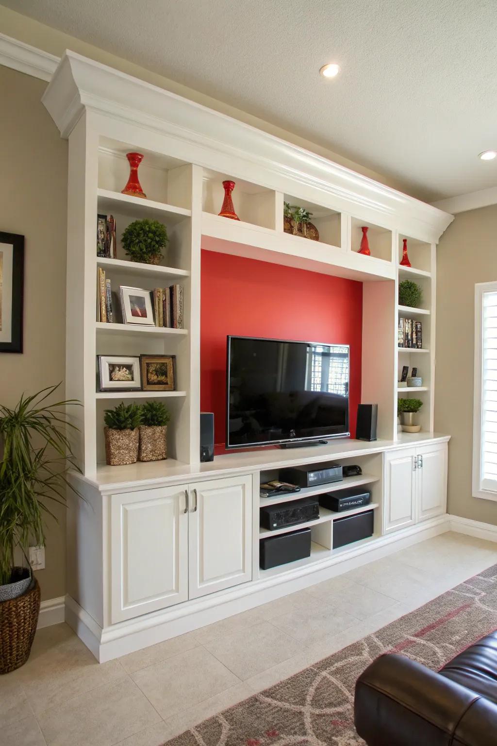 A pop of color brings life and vibrancy to this entertainment center.