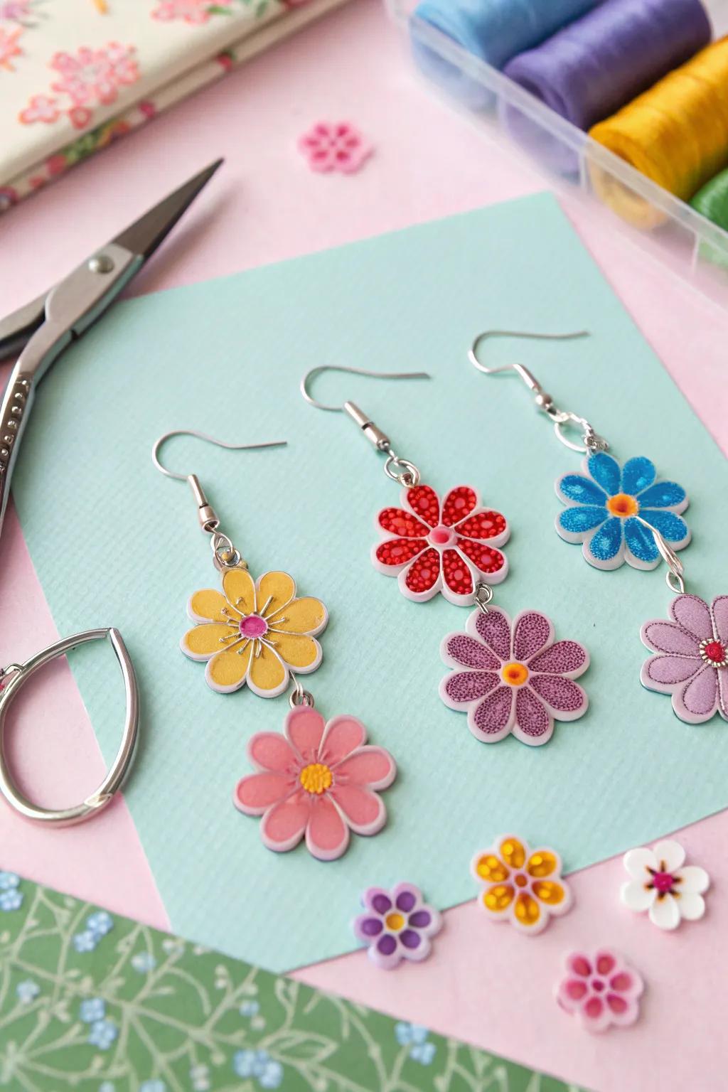 Whimsical shrink plastic flower earrings that spark joy.