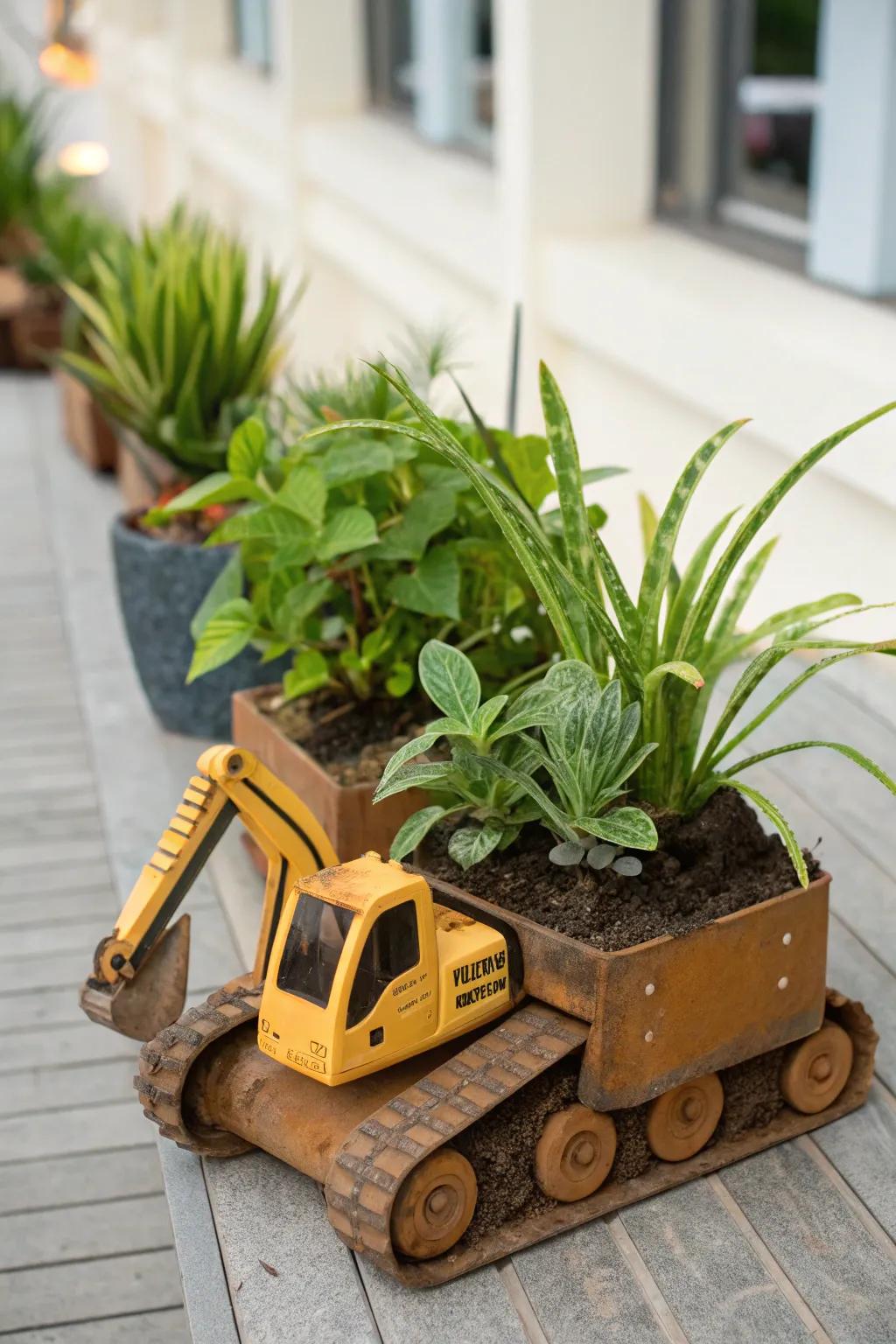 Whimsical planters shaped from excavator clay, beautifully filled with green plants.