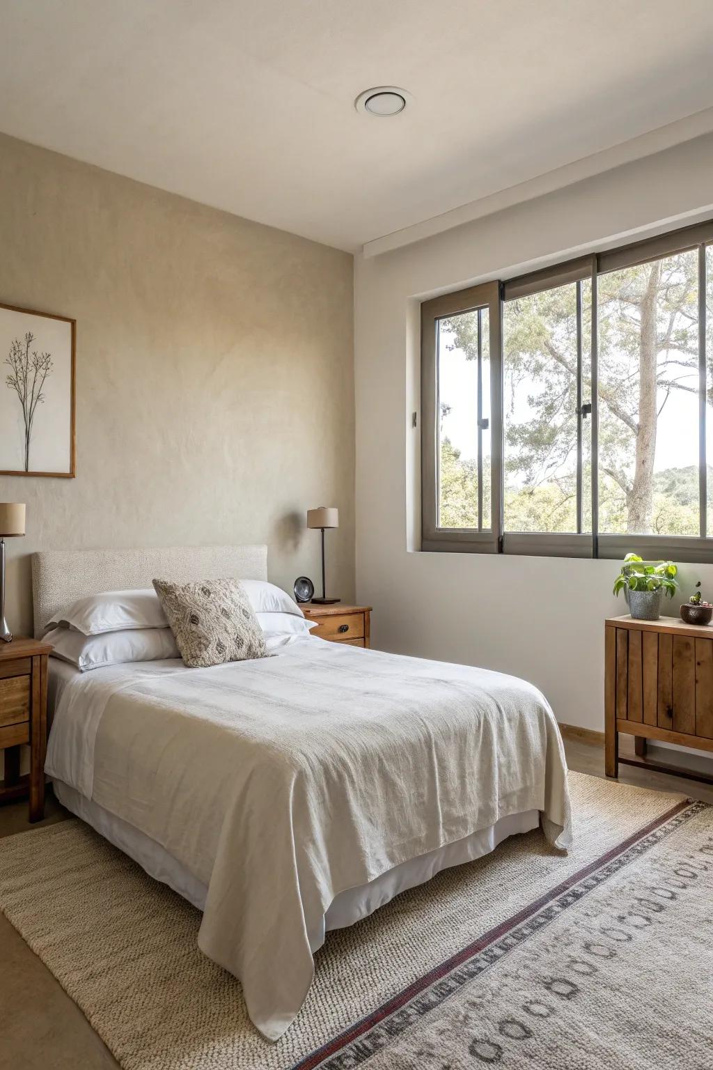 A neutral-themed bedroom that can be easily personalized.