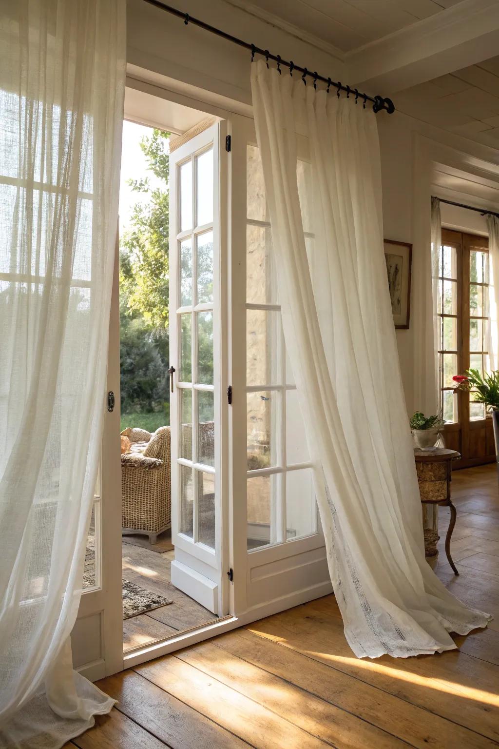 Delicate sheer panels offering light and privacy on French doors.