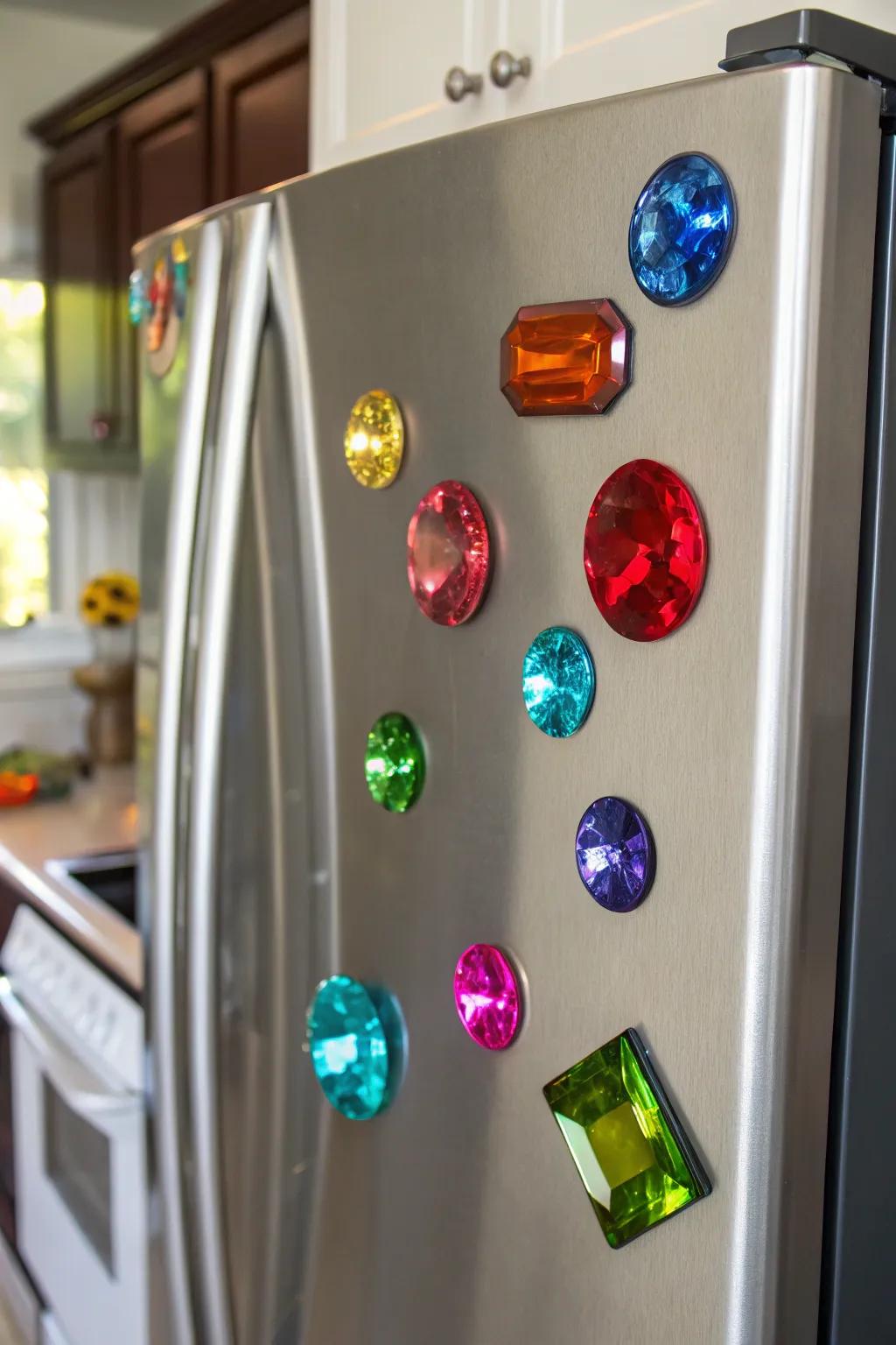 Colorful gemstone magnets adding flair to a kitchen.