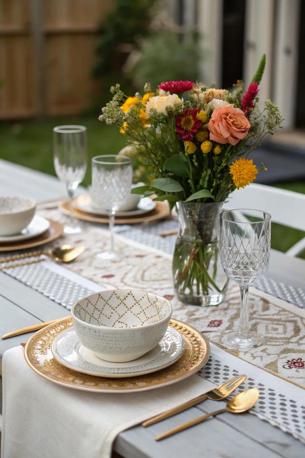 A chic table runner transforming a dining setup into a sophisticated affair.