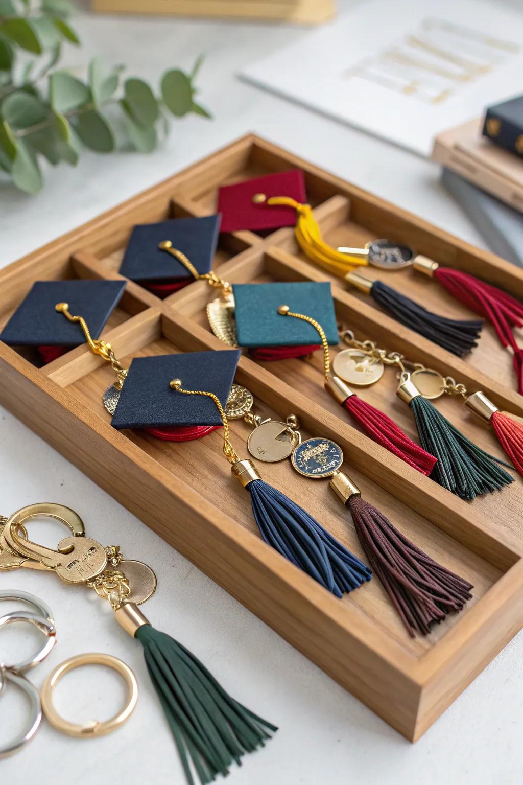 Celebrate the milestone with customized graduation cap keychains.