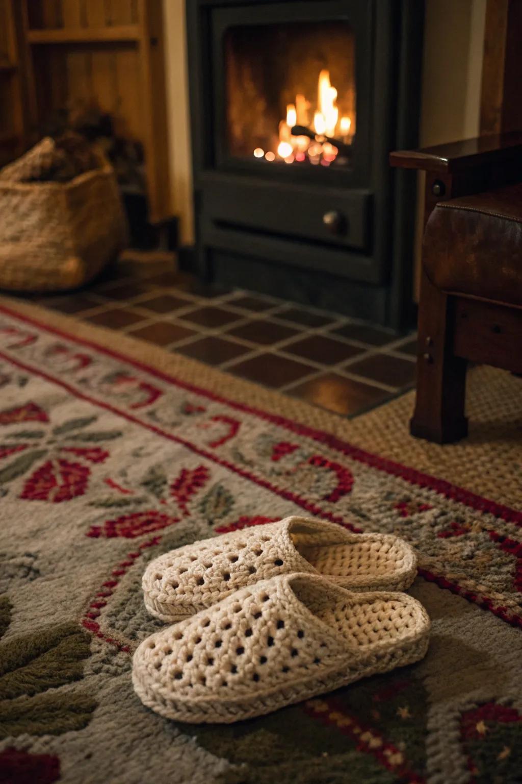 Comfortable slippers made from granny squares, perfect for lounging around the house.