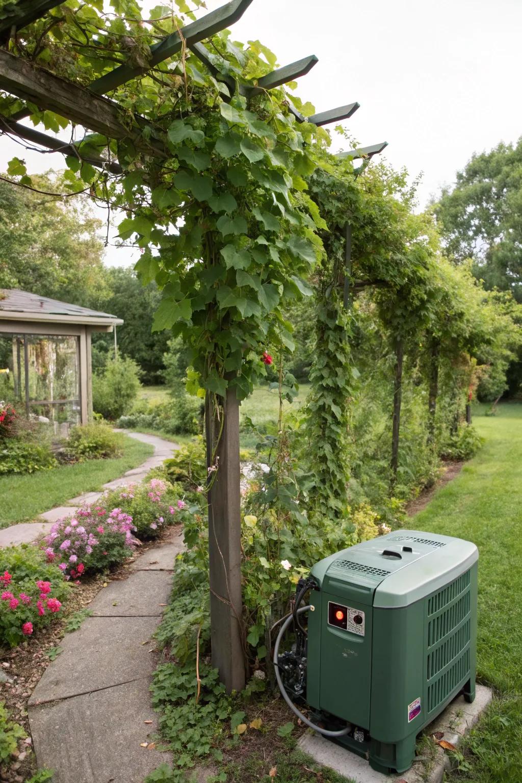 Climbing plants on a trellis create a living wall that hides the generator.