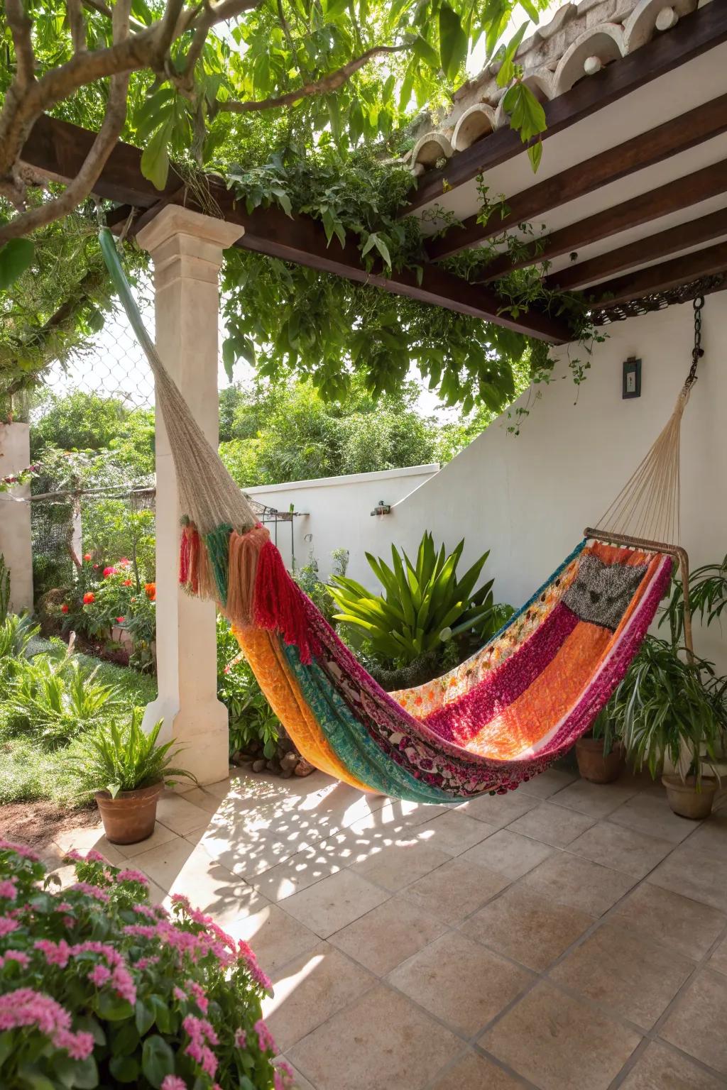 Relax in style with a handwoven hammock, perfect for any setting.