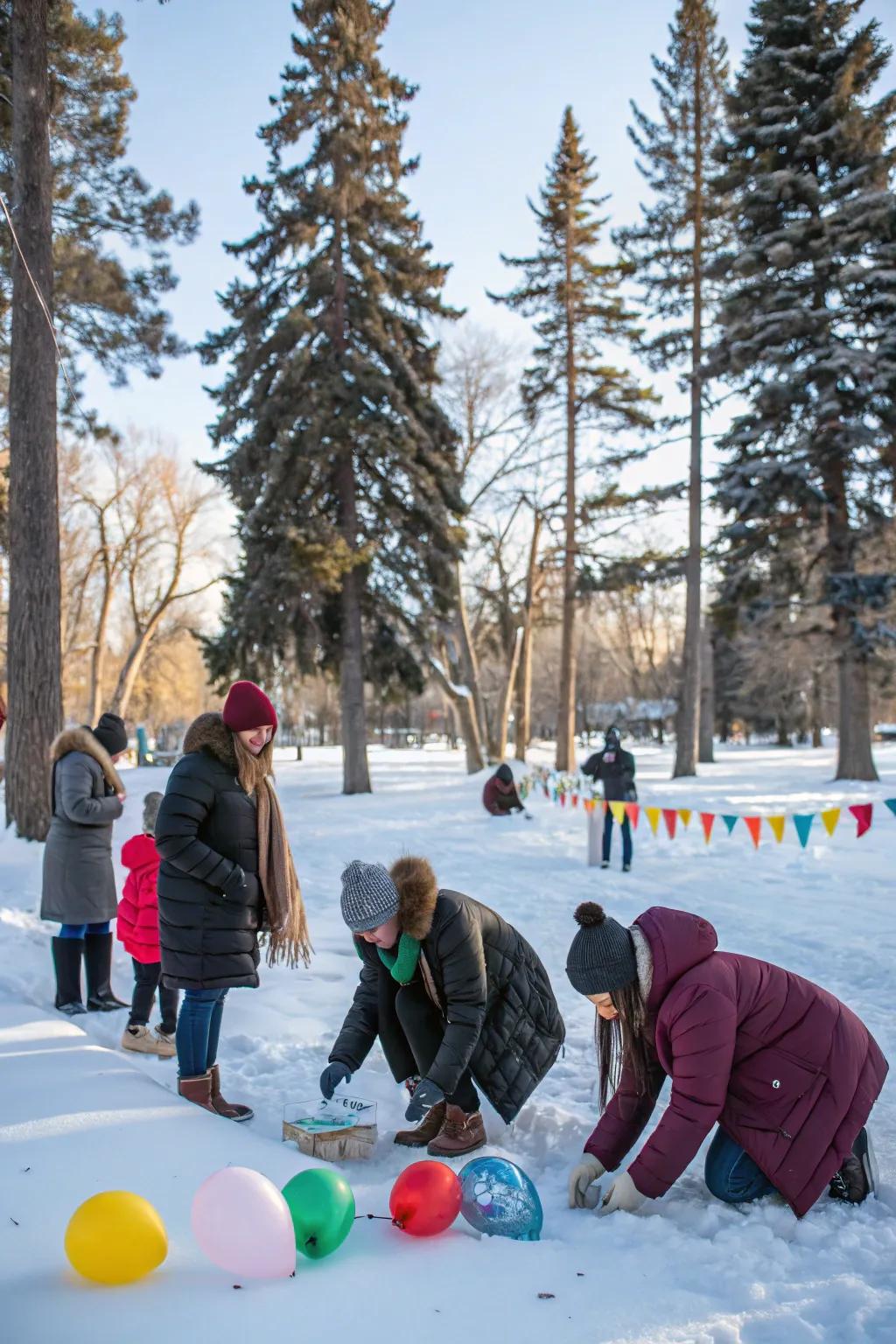 Guests on the hunt during a winter-themed scavenger event.