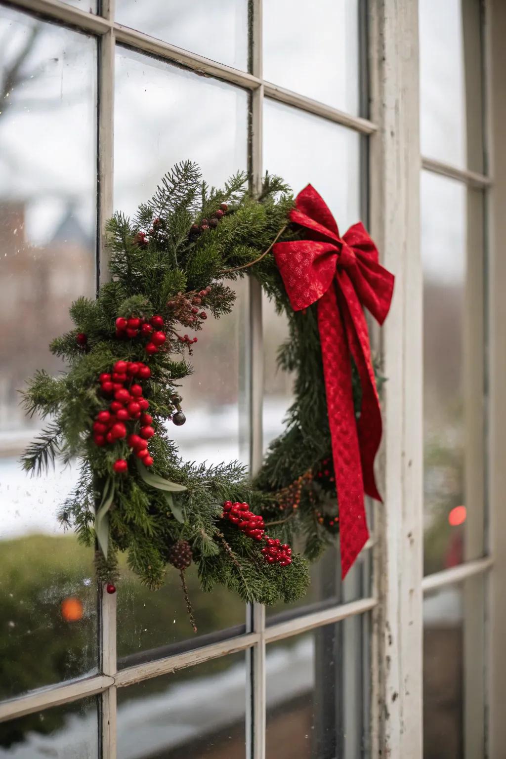 A classic holiday wreath hanging in a window.