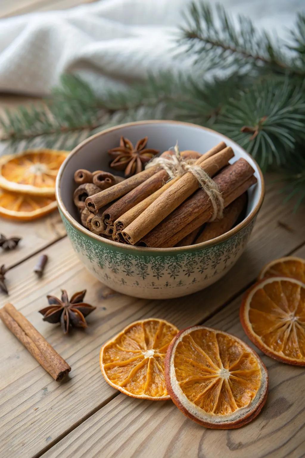 Seasonal scents like cinnamon and dried oranges add aromatic warmth to your decor.