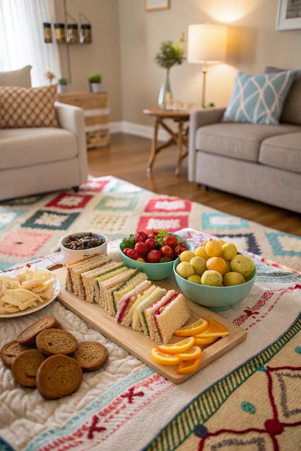 An inviting indoor picnic setup.