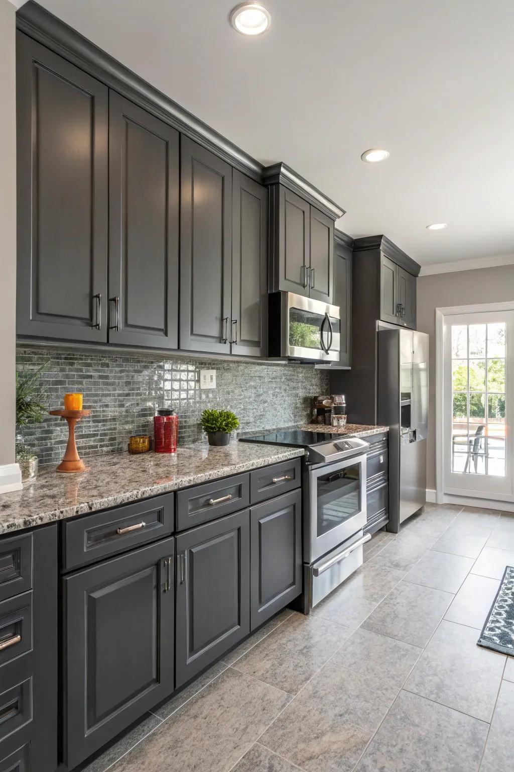 A modern kitchen with sleek charcoal gray highlights.