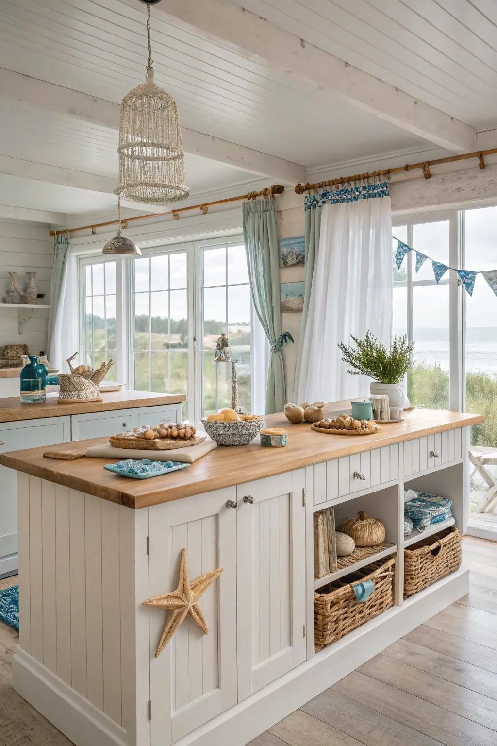 A light and airy kitchen peninsula with a coastal theme.