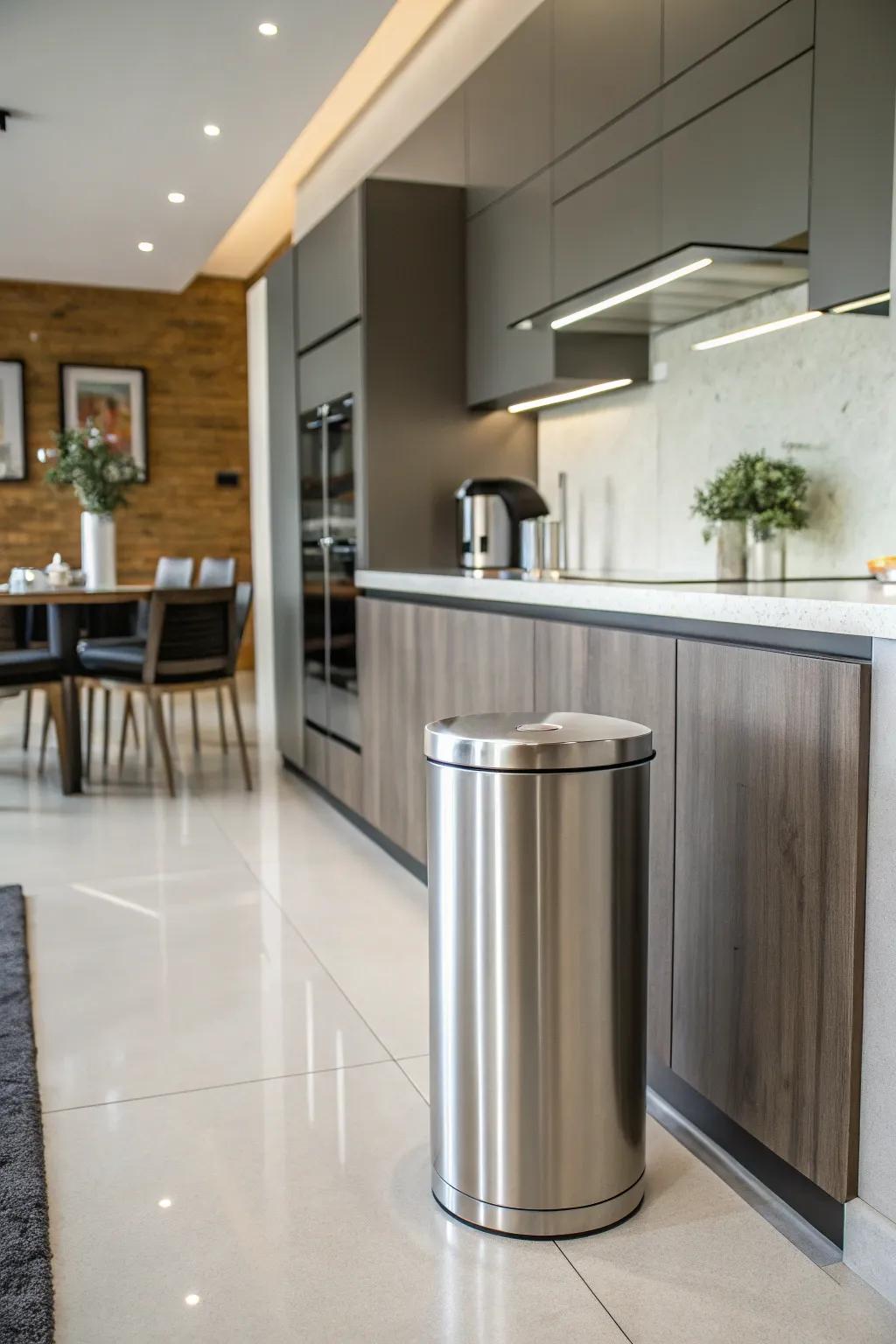 A stainless steel trash can blending seamlessly in a modern kitchen.