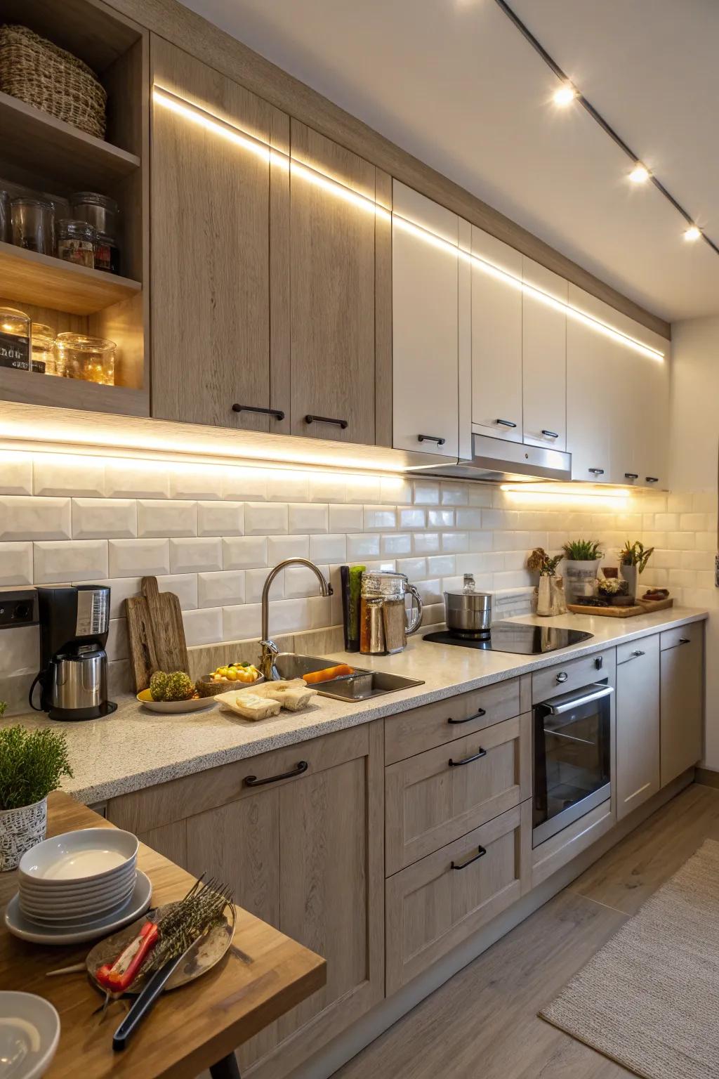 Under-cabinet lighting enhances functionality and ambiance in a windowless kitchen.