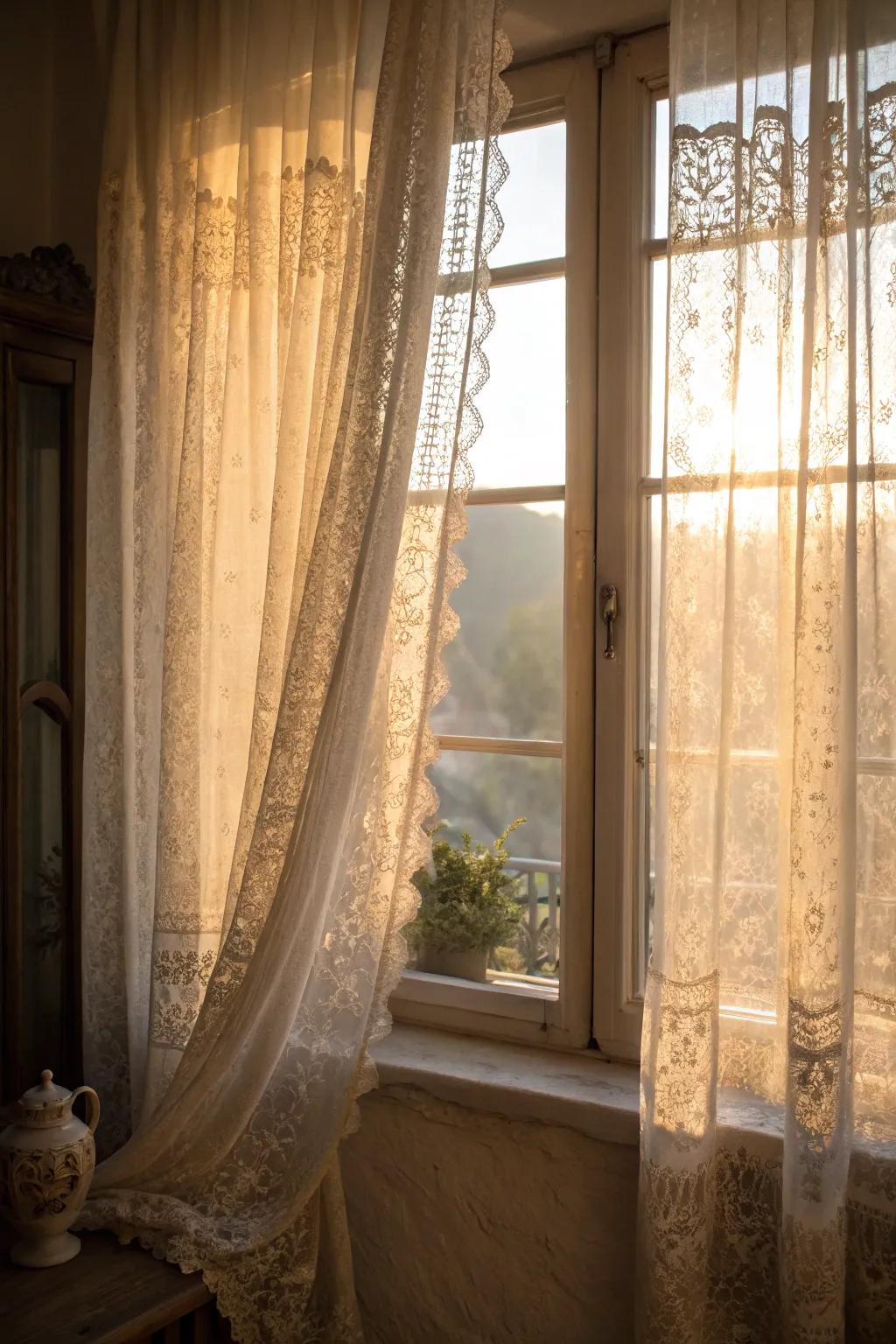 Lighting enhances the beauty of lace curtains.