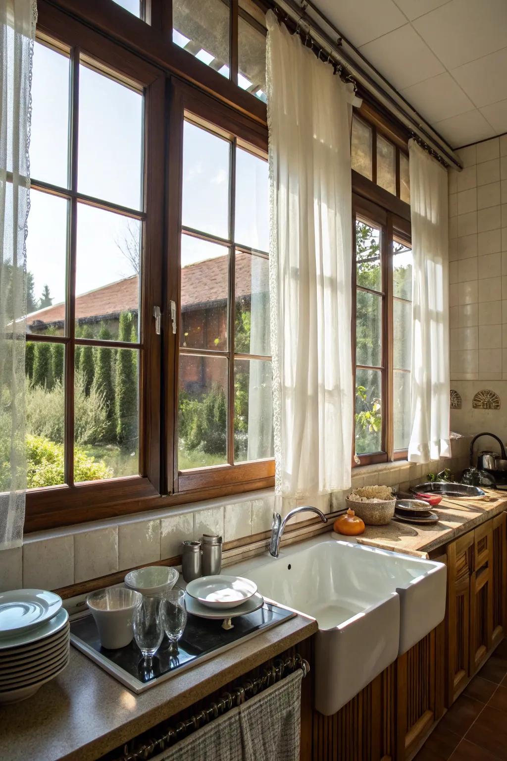 Strategic enhancements amplify the natural light in the kitchen.