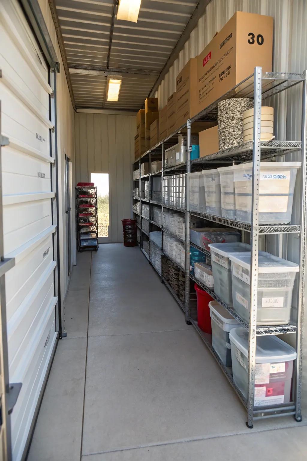 An aisle ensures easy access to all areas of your storage unit.