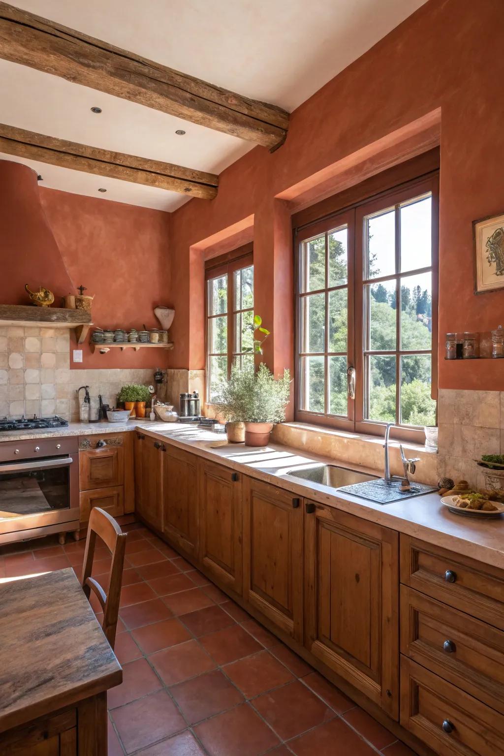 Terracotta walls add warmth and elegance to the kitchen.