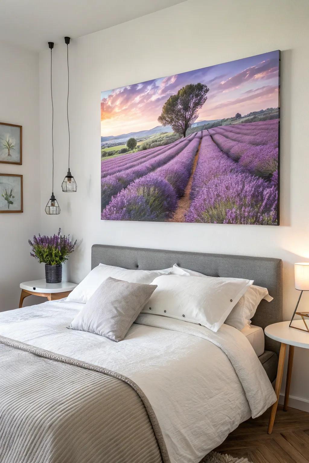 Experience tranquility with a lavender field painting.