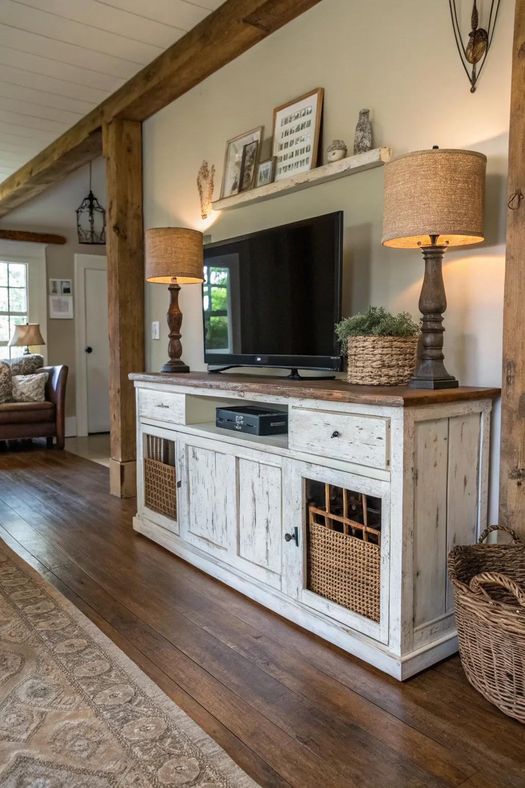 Distressed paint offers a rustic, farmhouse charm.