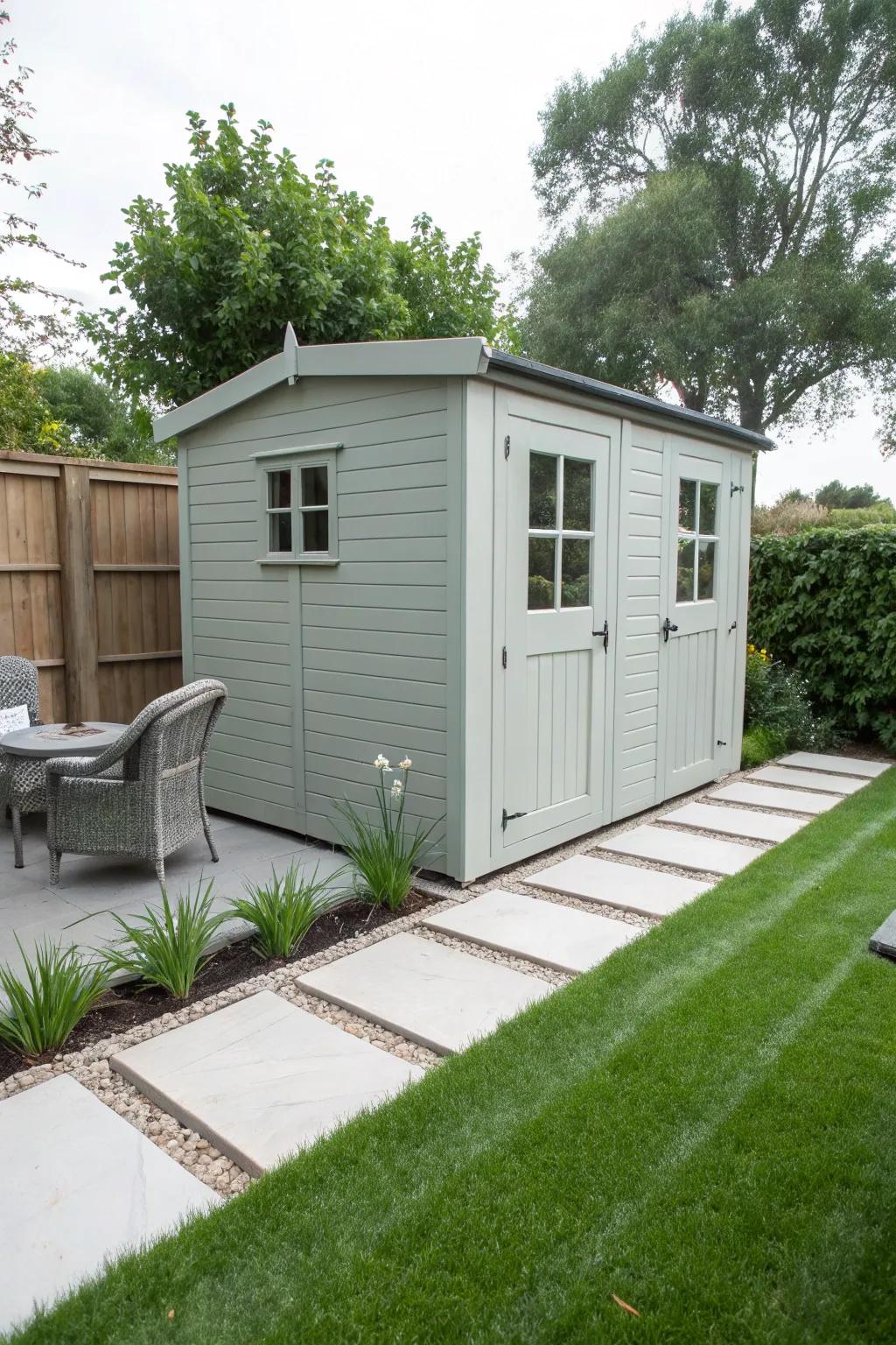 A minimalist pale grey shed, complementing a modern garden setting.