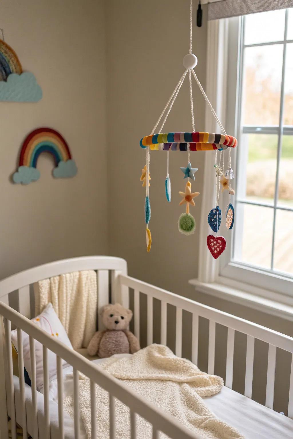 A wall-mounted mobile offering visual interest above a baby's crib.