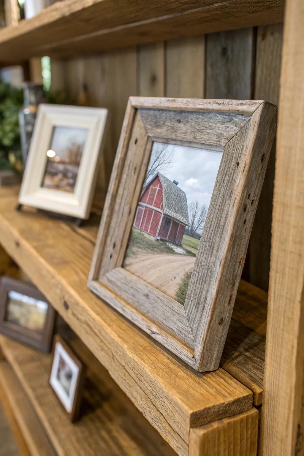 Bring a touch of the outdoors inside with a rustic barnwood frame.