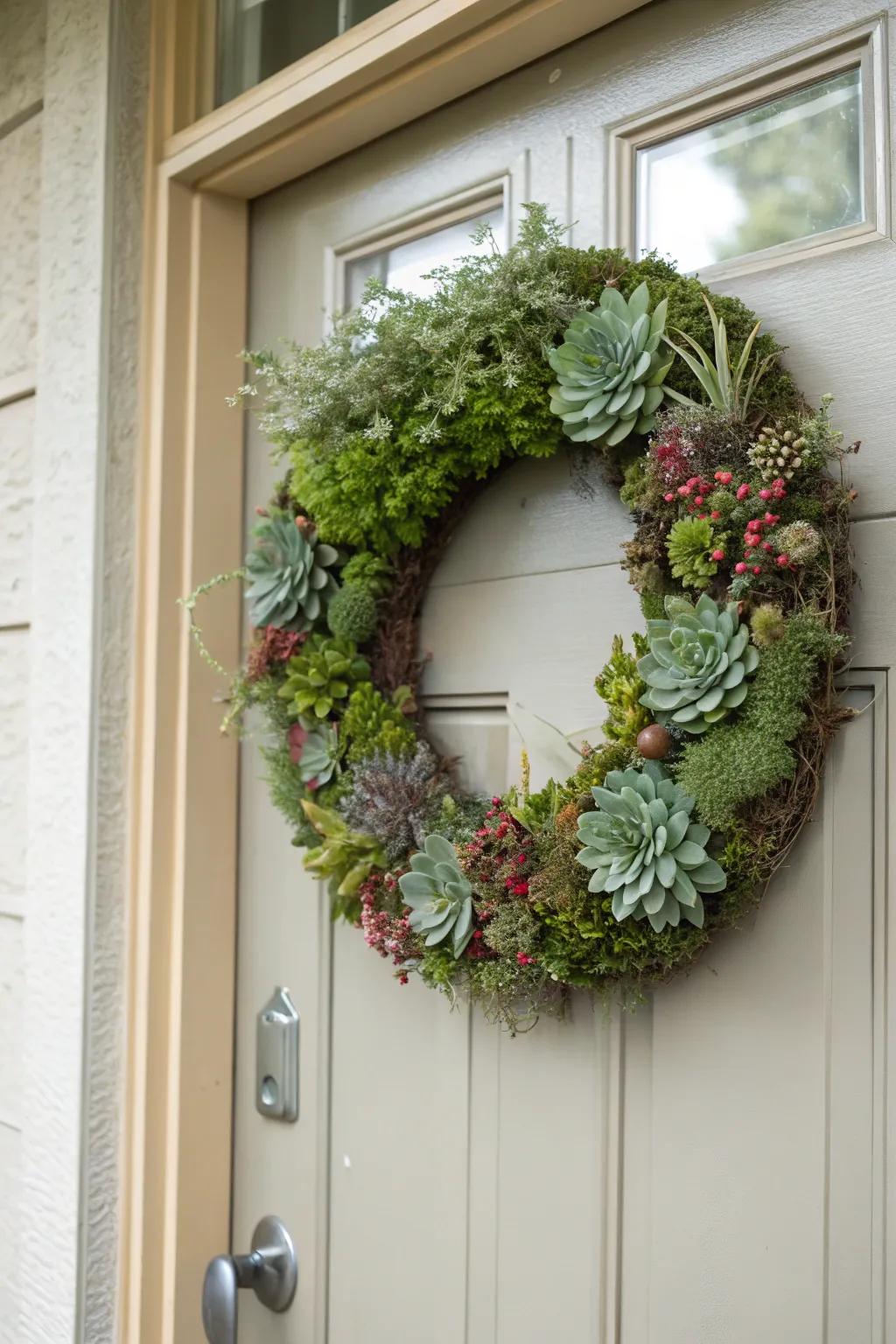 A succulent wreath makes a beautiful and lasting welcome sign.