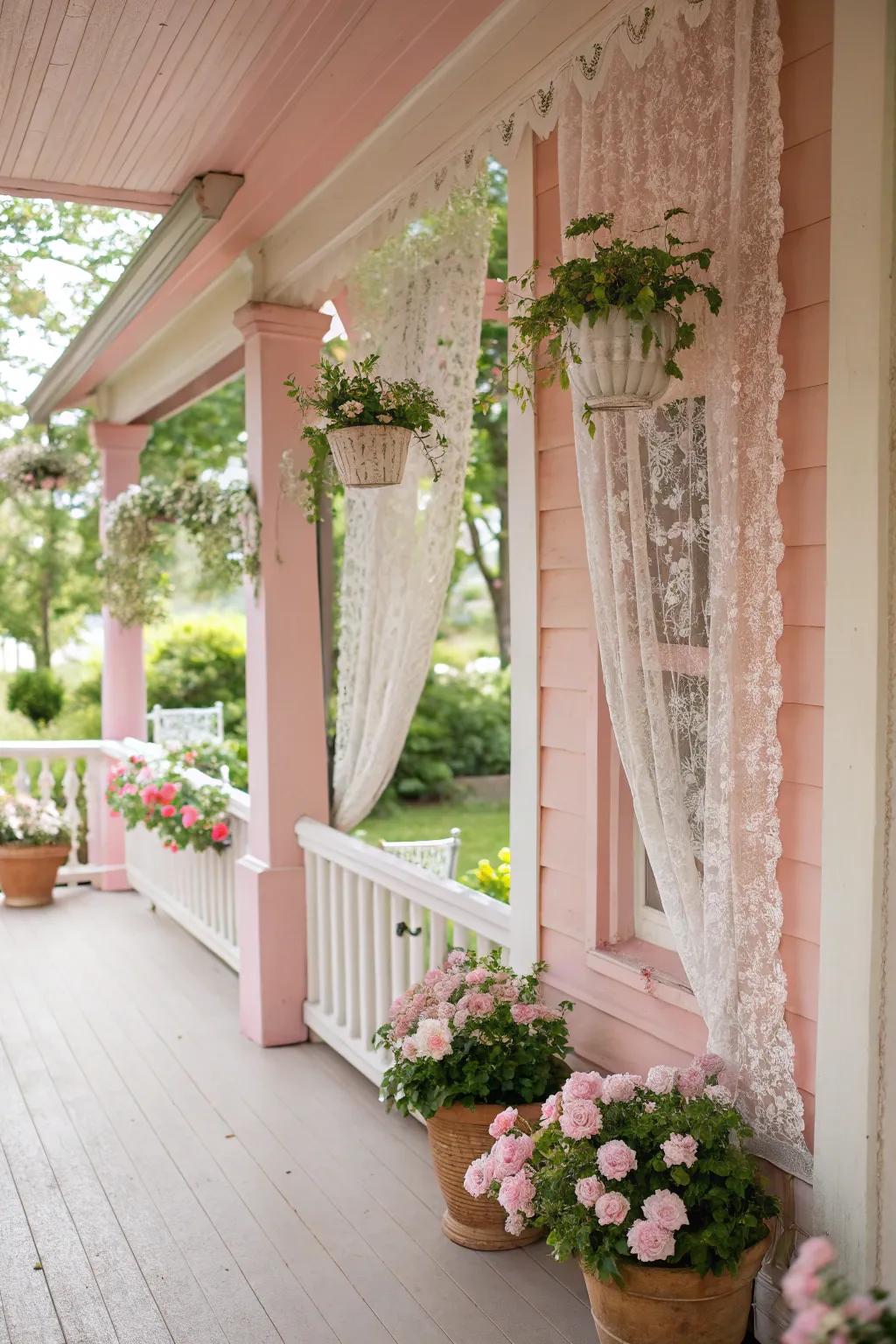 A pastel pink porch adds a playful and elegant touch to the space.