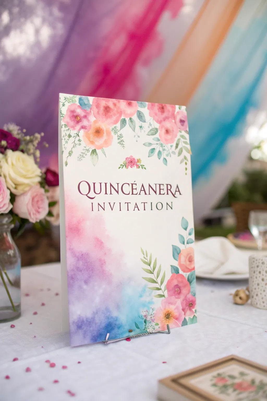 An artistic quinceañera invitation with a vibrant watercolor design