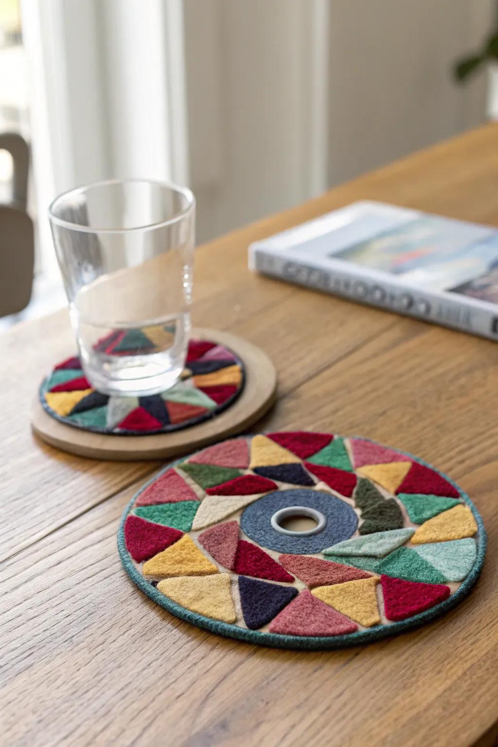 Transform forgotten CDs into striking coasters that bring color and conversation to your coffee table. #UpcycledElegance