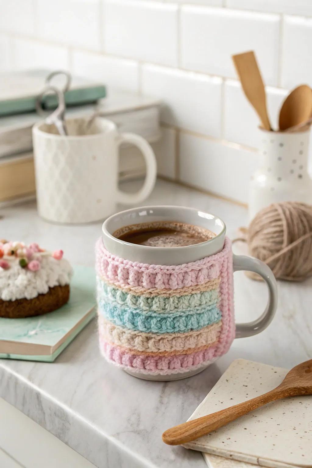 Add charm to your coffee routine with a handmade mug cozy.