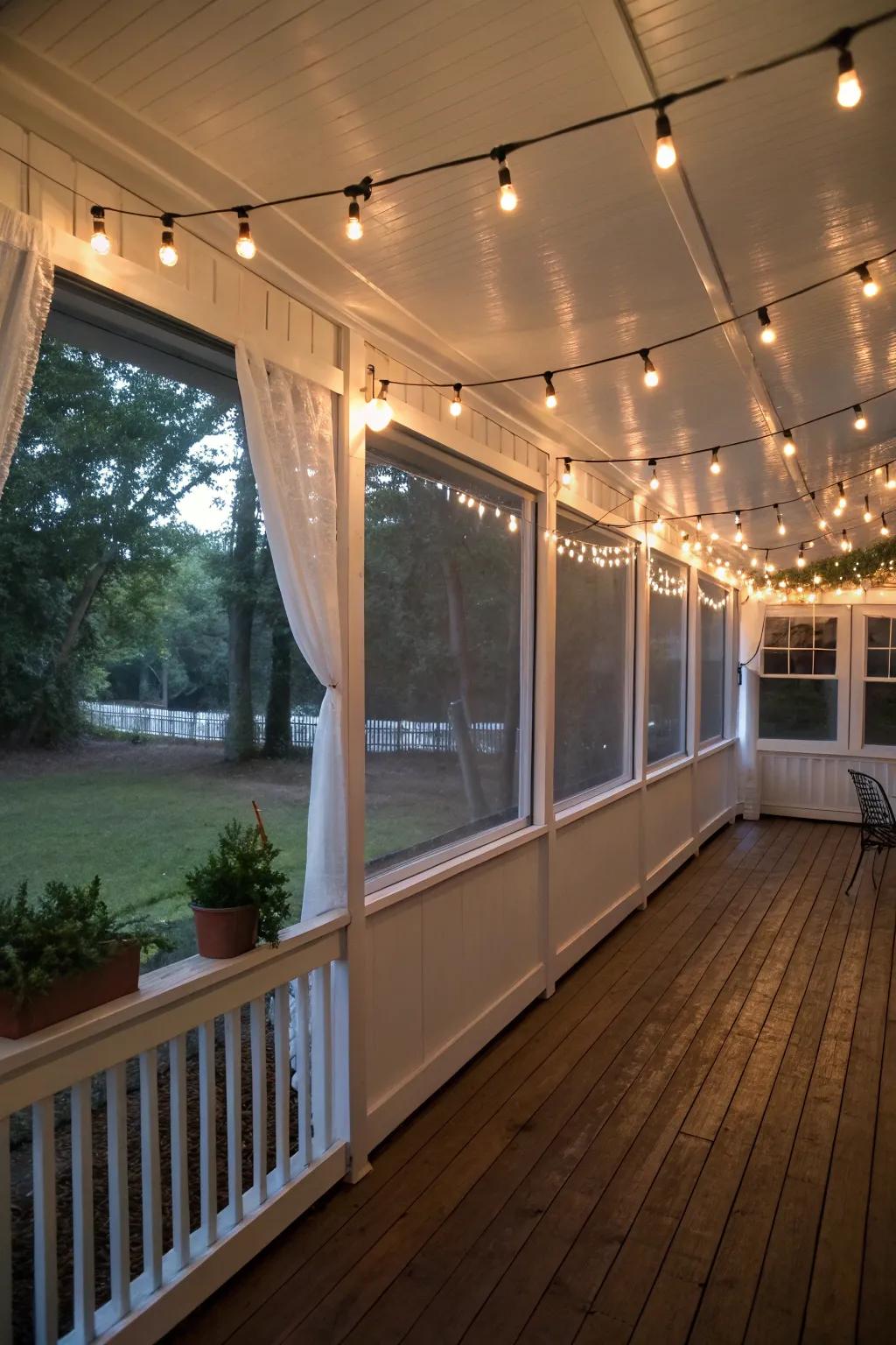 String lights add a magical glow to your porch, perfect for cozy evenings.