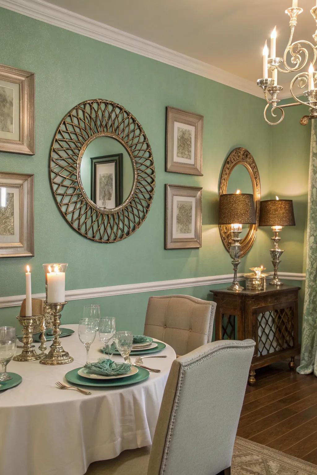 Sophisticated metallic accents complementing seafoam green walls.